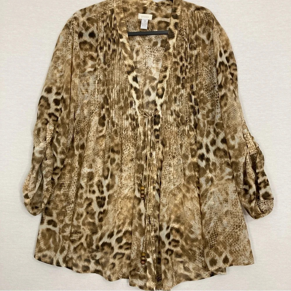 Chico's Brown Tan‎ Leopard Print Pintuck Light Semi Sheer Tie Front Kimono XL/3